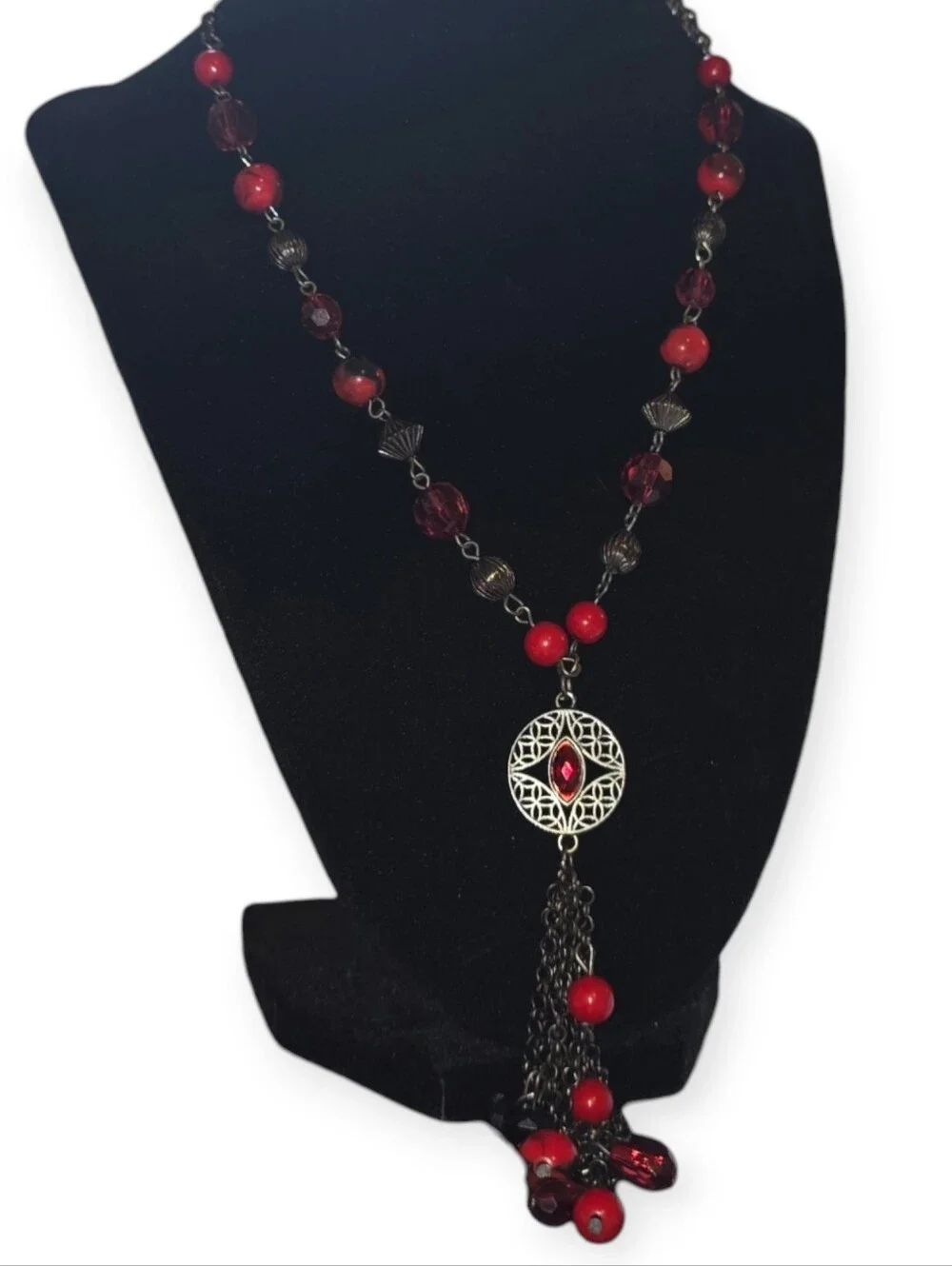 Gunmetal Red Beaded Tassel Evil Eye Pendant Necklace Long 27+2